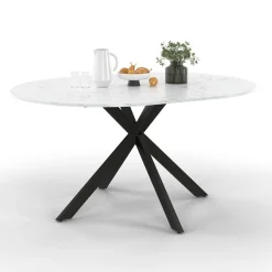 Table à manger ronde extensible plateau effet marbre 110-150 cm 4-8 personnes pied araignée métal noir*IDMarket Outlet