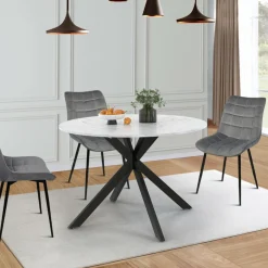 Table à manger ronde extensible plateau effet marbre 110-150 cm 4-8 personnes pied araignée métal noir*IDMarket Outlet