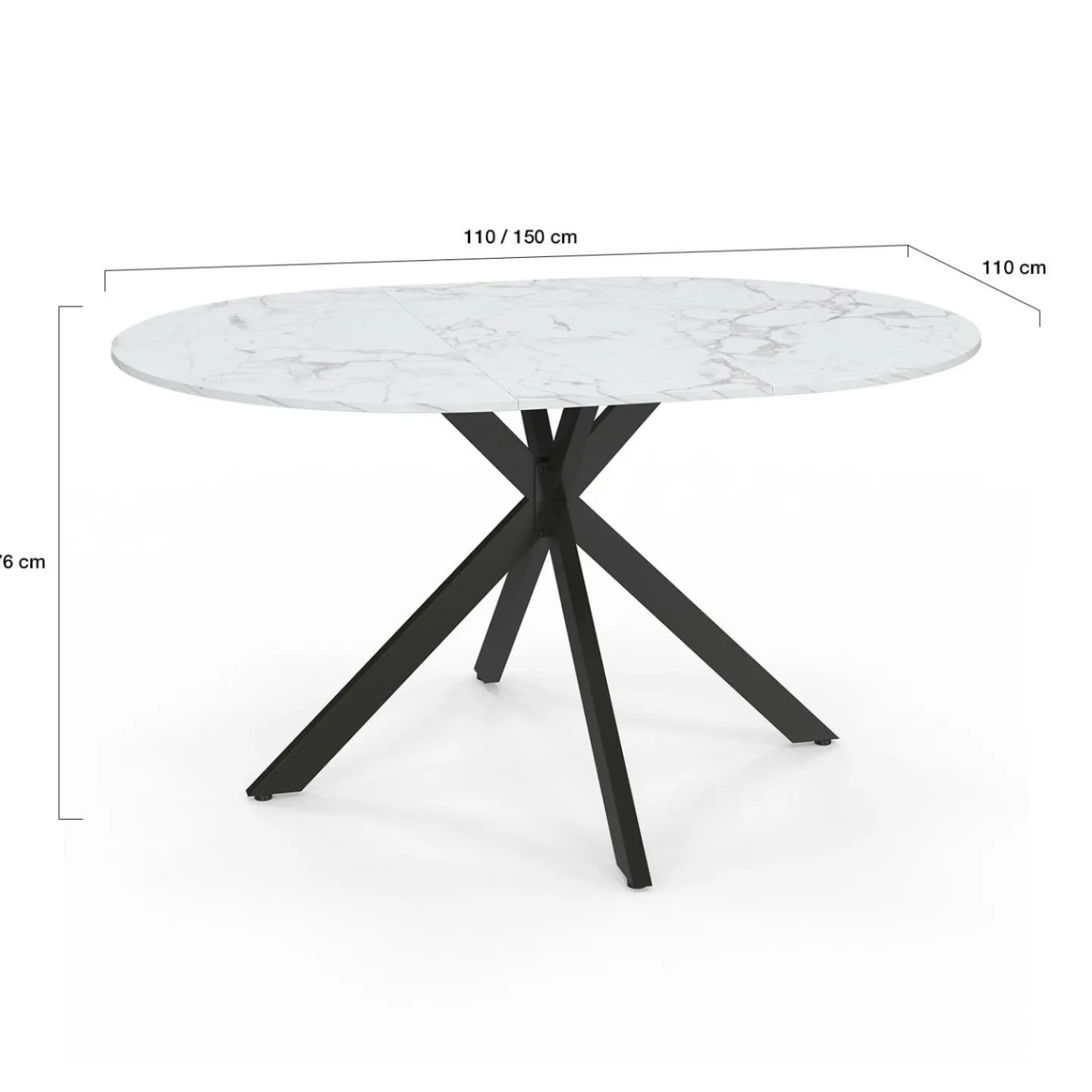Table à manger ronde extensible plateau effet marbre 110-150 cm 4-8 personnes pied araignée métal noir*IDMarket Outlet
