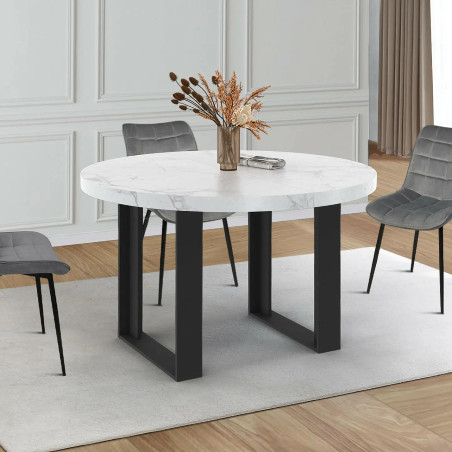 Table à manger ronde extensible de 110-150 cm pour 4 à 6 personnes à l’effet marbre*IDMarket Best
