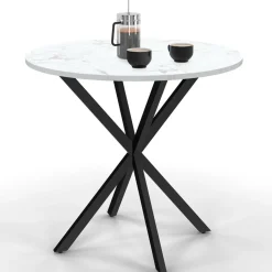 Table à manger ronde plateau effet marbre blanc pied araignée noir 4 personnes*IDMarket Discount