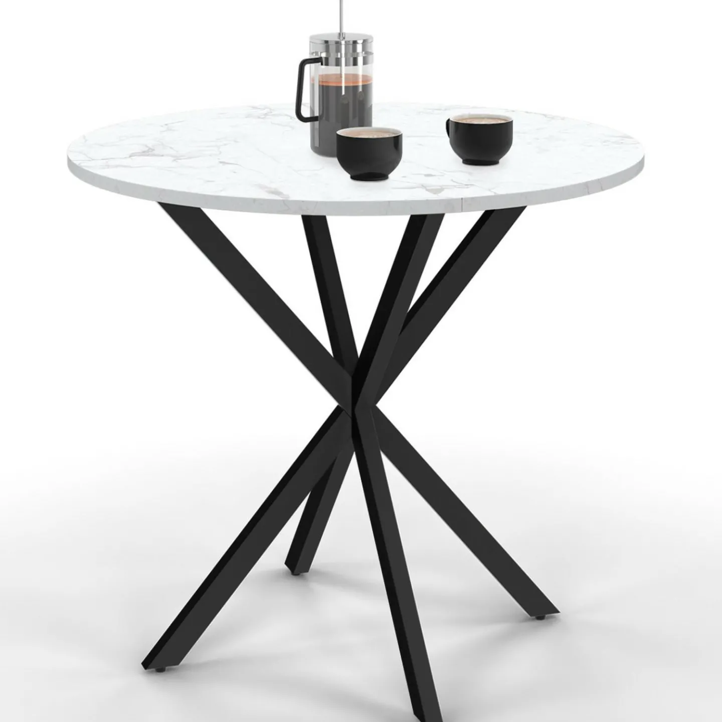 Table à manger ronde plateau effet marbre blanc pied araignée noir 4 personnes*IDMarket Discount