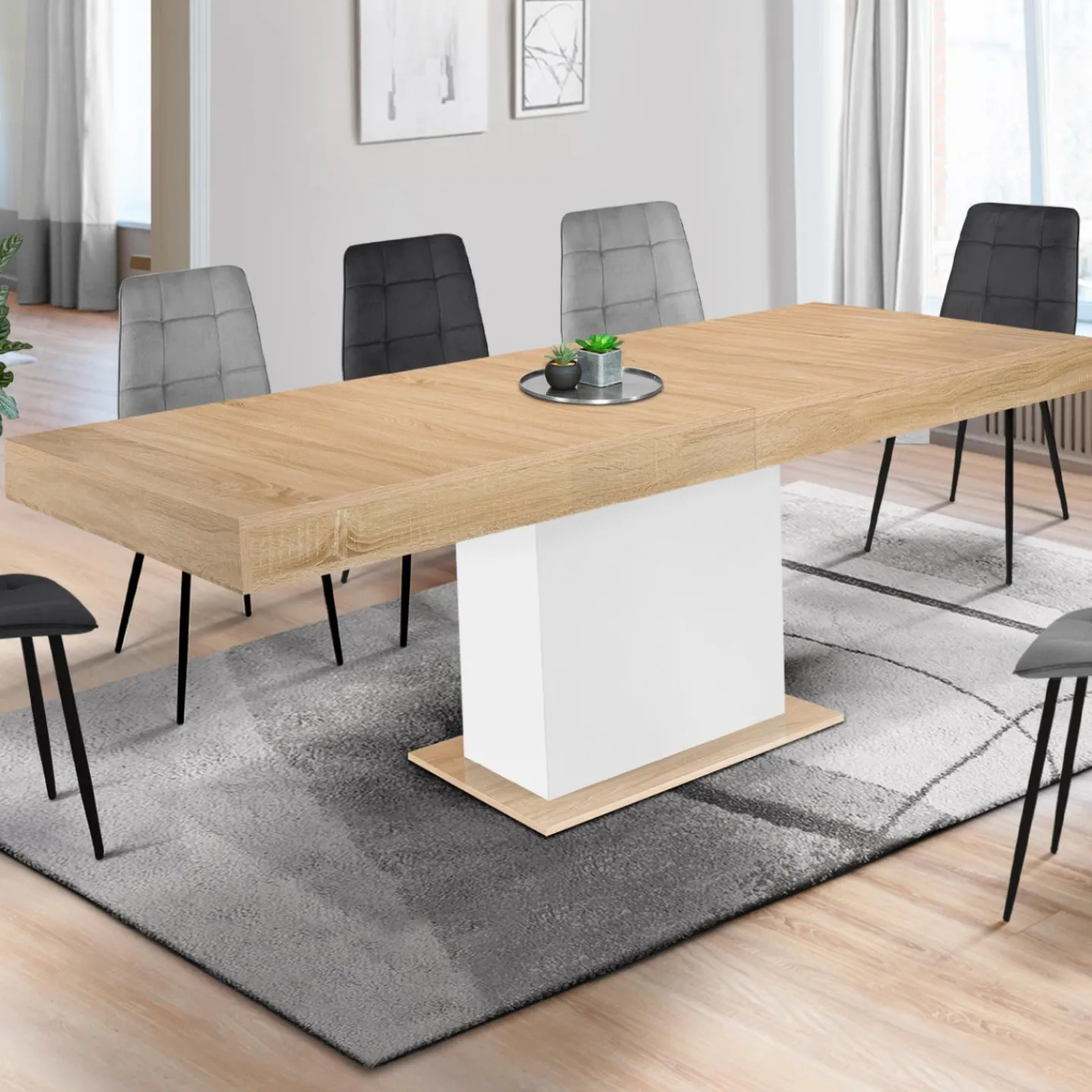 Table avec pied central bois et blanc extensible*IDMarket Best