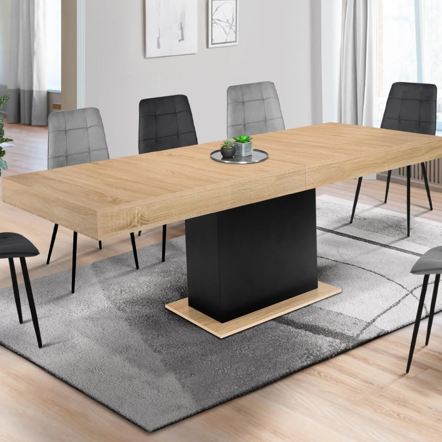 Table avec pied central bois et noir extensible*IDMarket