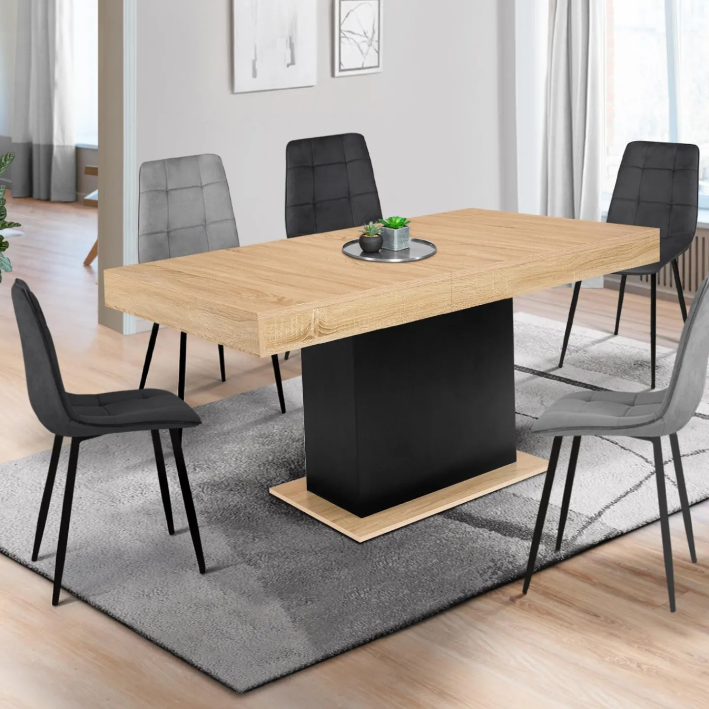 Table avec pied central bois et noir extensible*IDMarket