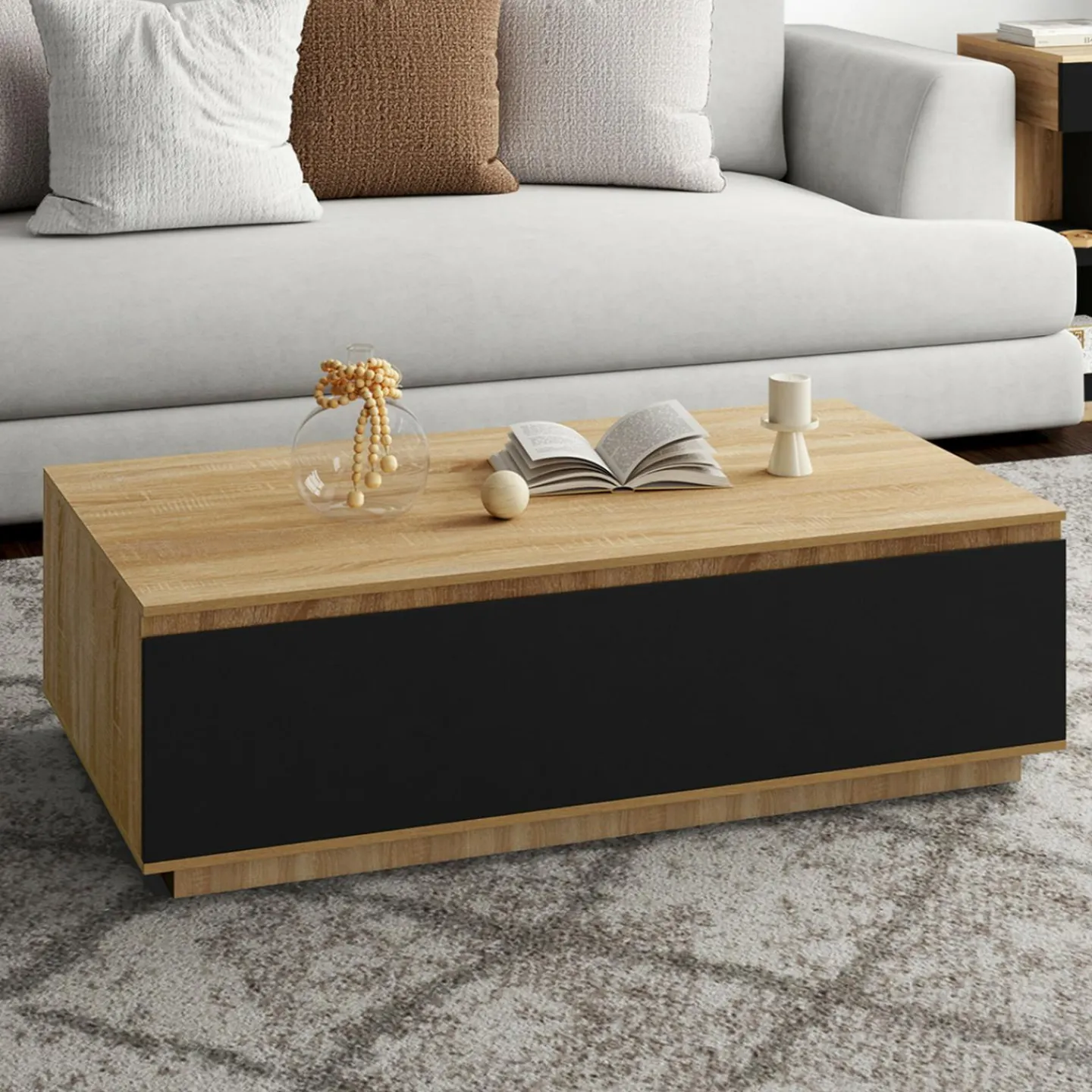 Table basse 110 cm avec porte façon hêtre et noir*IDMarket
