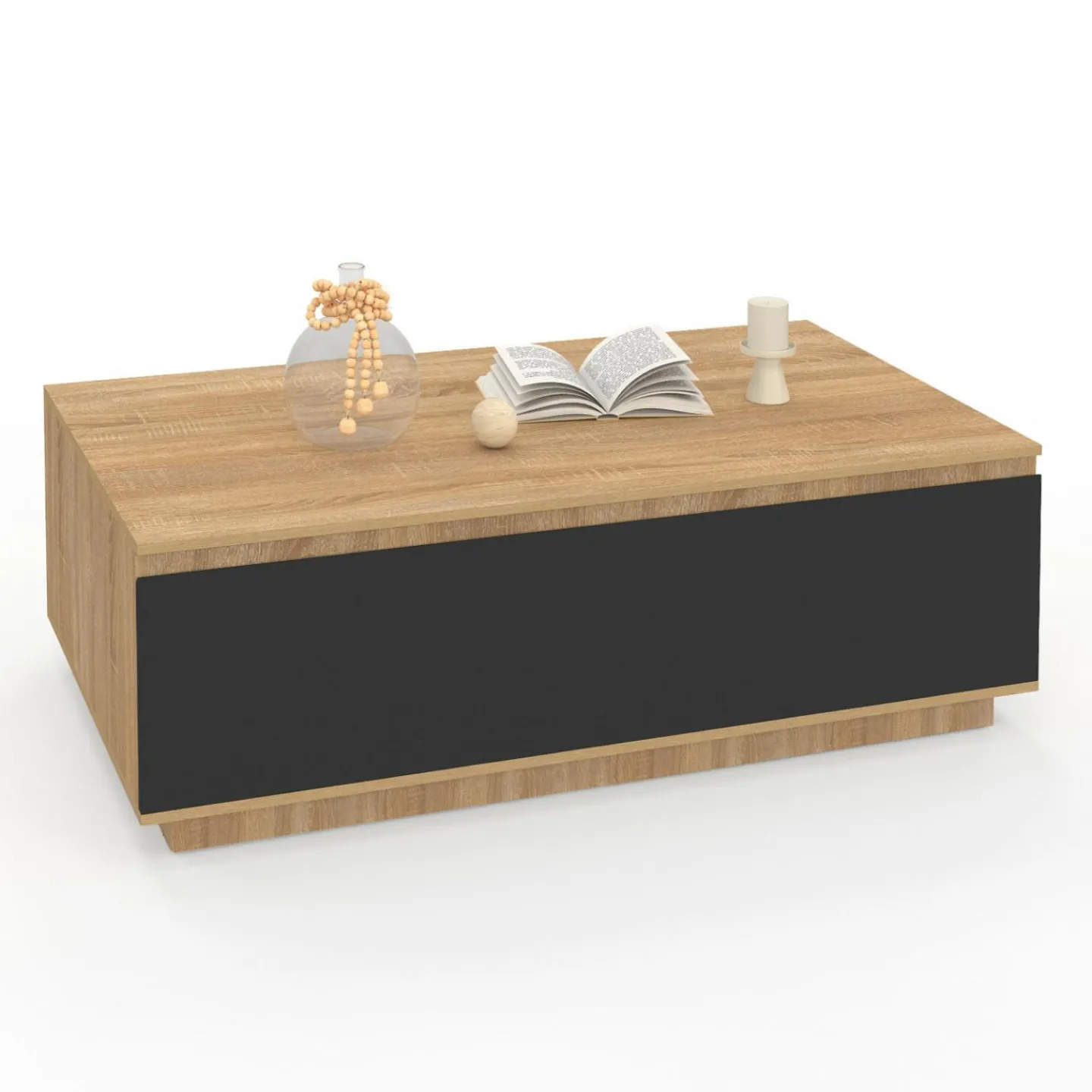 Table basse 110 cm avec porte façon hêtre et noir*IDMarket