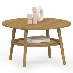 Table basse 70 cm ronde bois façon hêtre et plateau effet naturel cannage*IDMarket