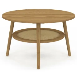 Table basse 70 cm ronde bois façon hêtre et plateau effet naturel cannage*IDMarket
