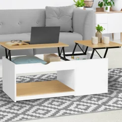 Table basse 2 plateaux relevables bois blanc et façon hêtre*IDMarket