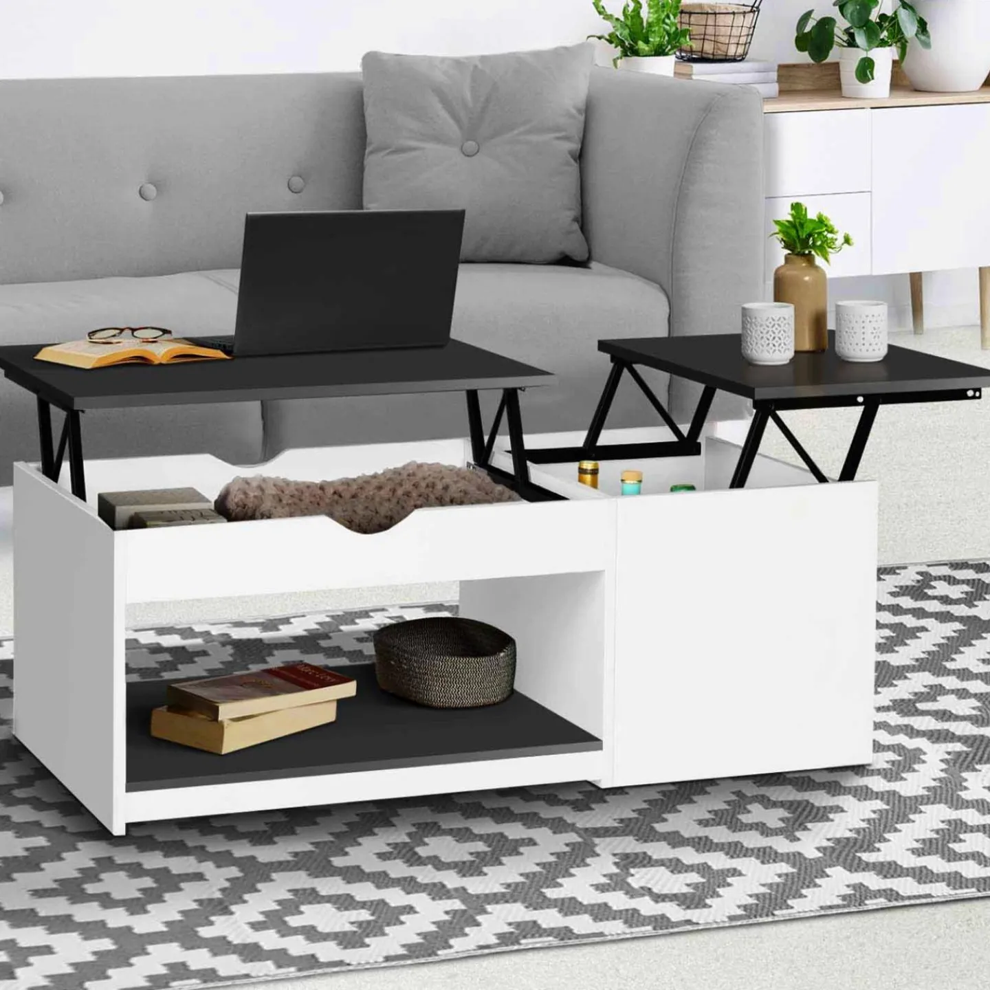 Table basse 2 plateaux relevables bois blanc et gris*IDMarket Outlet