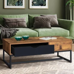 Table basse 2 tiroirs style industriel effet bois vieilli*IDMarket Discount