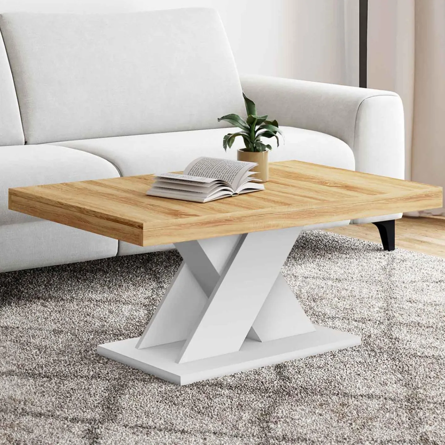 Table basse avec plateau bois et pied en X blanc*IDMarket Clearance