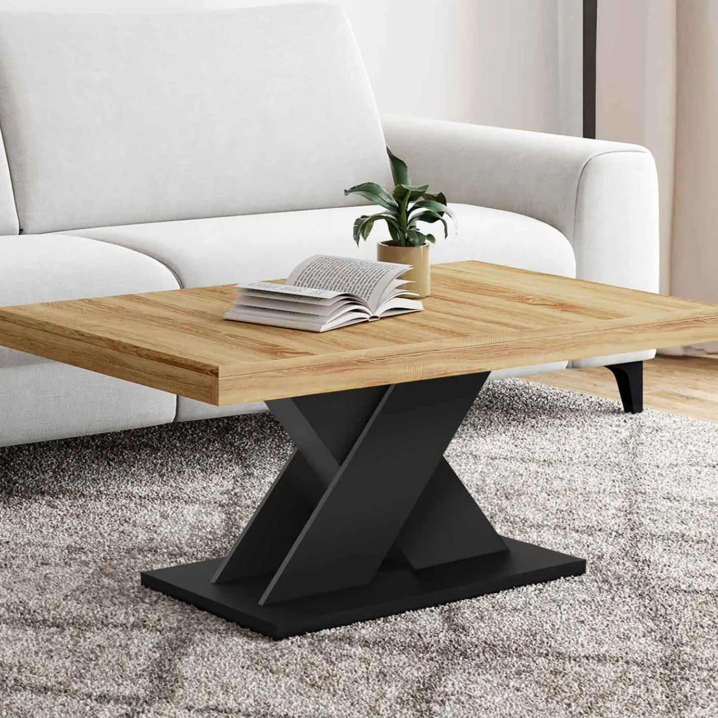 Table basse avec plateau bois et pied en X noir*IDMarket Discount