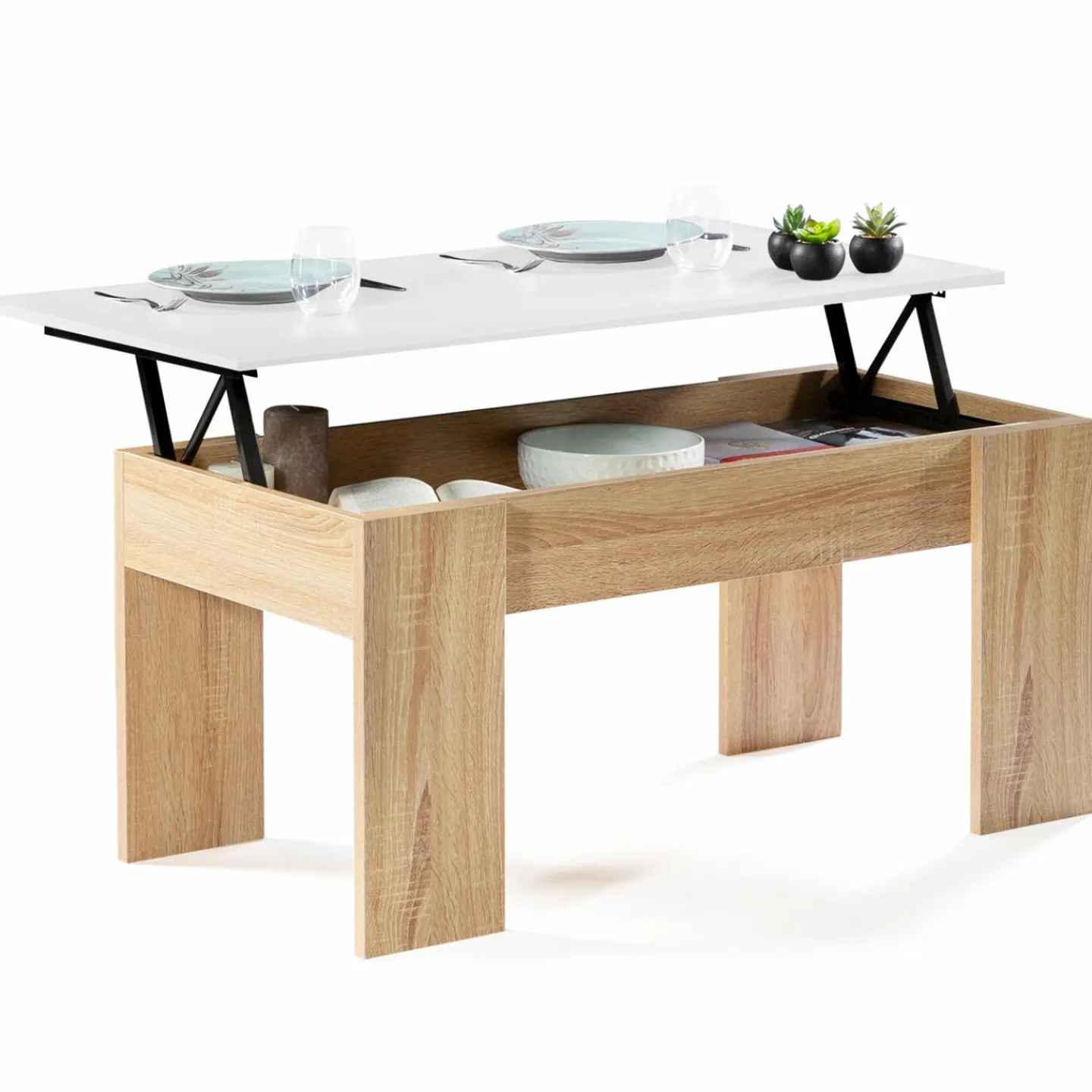 Table basse avec plateau relevable bois blanc et imitation hêtre*IDMarket Hot