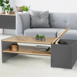 Table basse avec rangement bar 110 cm bois imitation hêtre et gris*IDMarket