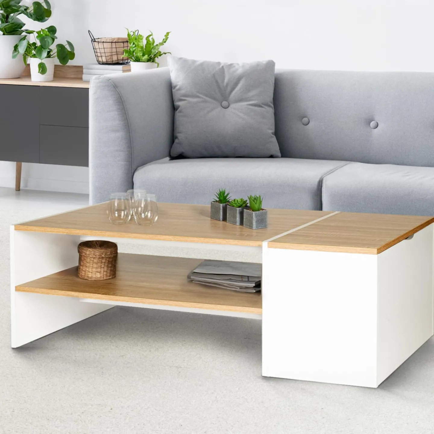 Table basse avec rangement bar 110 cm bois imitation hêtre et blanc*IDMarket Best