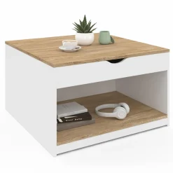 Table basse carrée blanche avec plateau relevable et coffre bois*IDMarket New