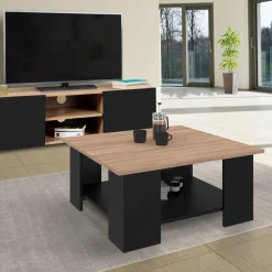 Table basse carrée noire avec plateau imitation hêtre*IDMarket Outlet