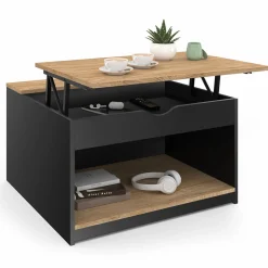 Table basse carrée noire avec plateau relevable et coffre bois*IDMarket Discount