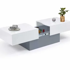 Table basse coulissante blanche et grise avec rangement mini bar intégré*IDMarket New