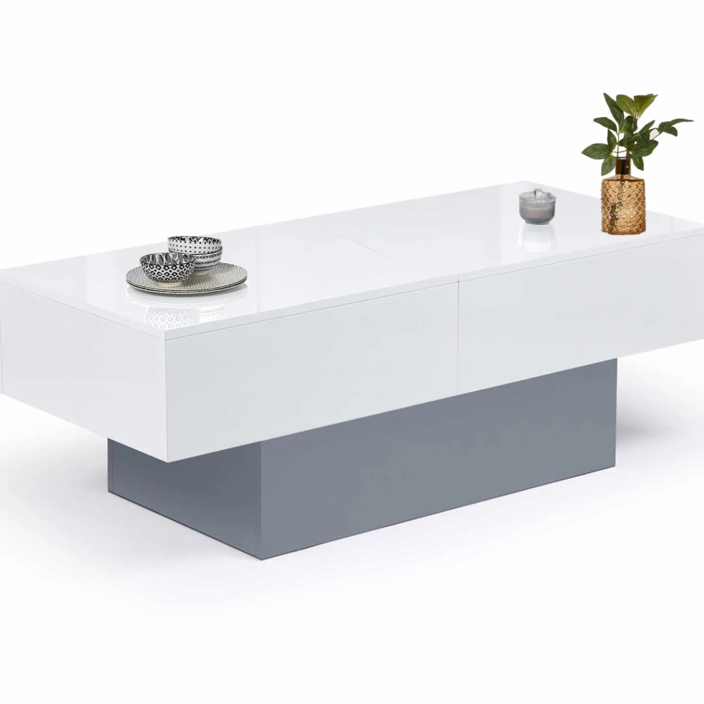 Table basse coulissante blanche et grise avec rangement mini bar intégré*IDMarket New