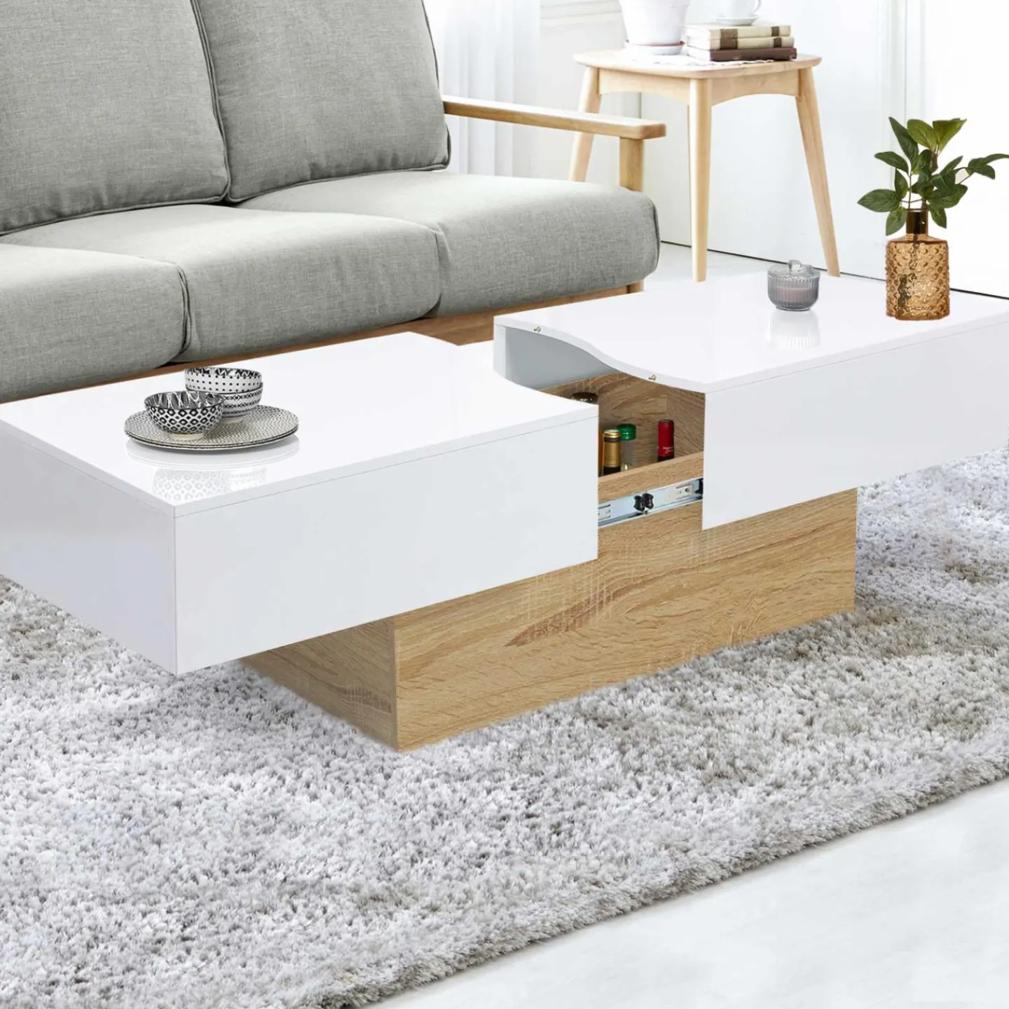 Table basse design blanche avec rangement mini bar intégré*IDMarket New