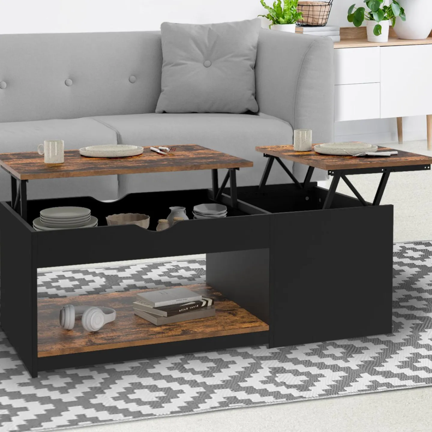 Table basse double plateau relevable bois foncé effet vieilli et noir avec coffre*IDMarket New