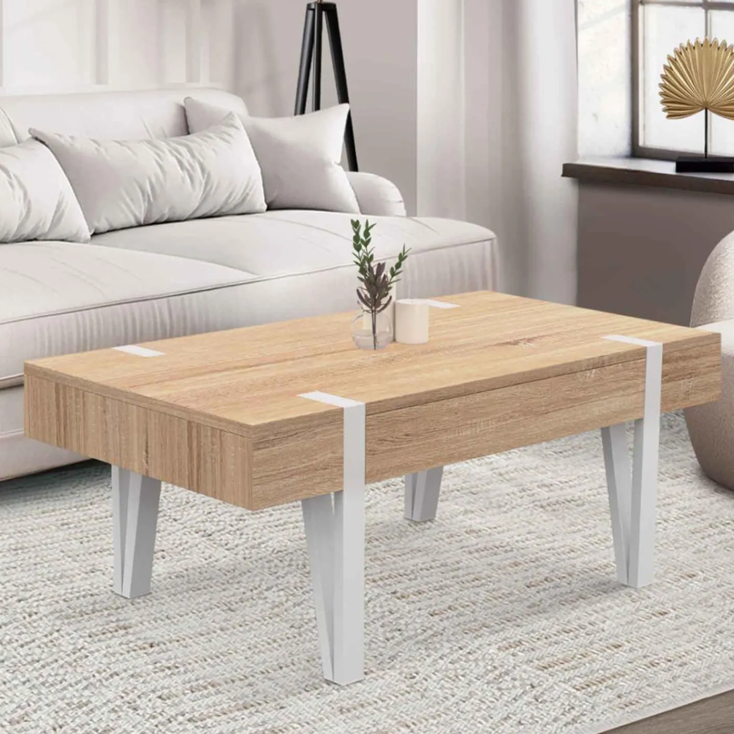 Table basse en bois pied épingle blanc avec 1 tiroir*IDMarket Discount