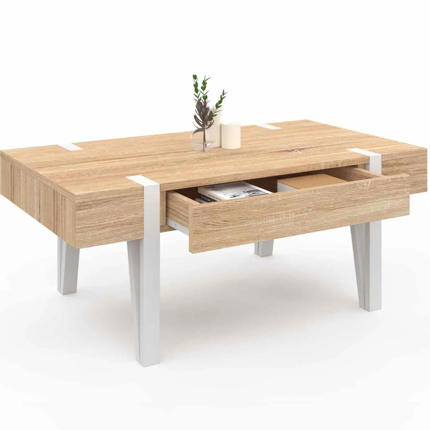 Table basse en bois pied épingle blanc avec 1 tiroir*IDMarket Discount