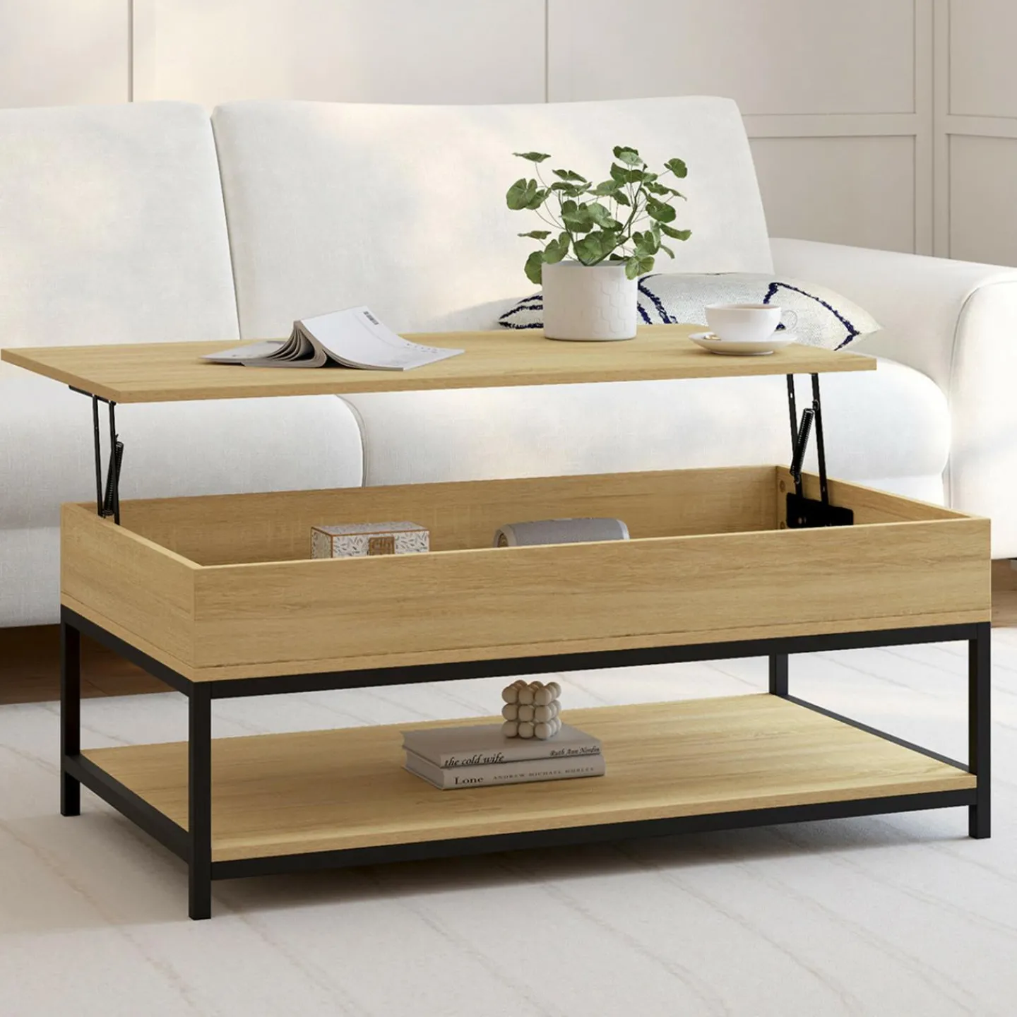Table basse industrielle plateau relevable avec étagère*IDMarket