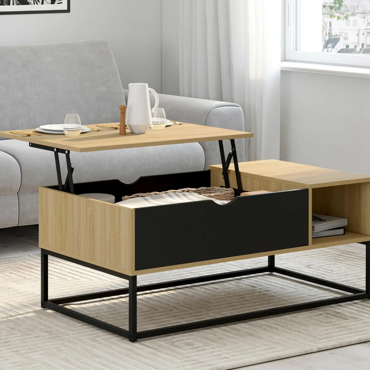 Table basse industrielle avec rangement et plateau relevable noir*IDMarket Clearance
