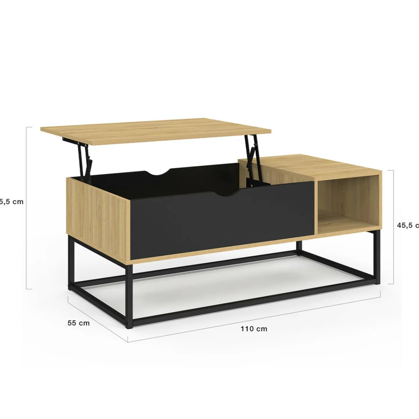 Table basse industrielle avec rangement et plateau relevable noir*IDMarket Clearance