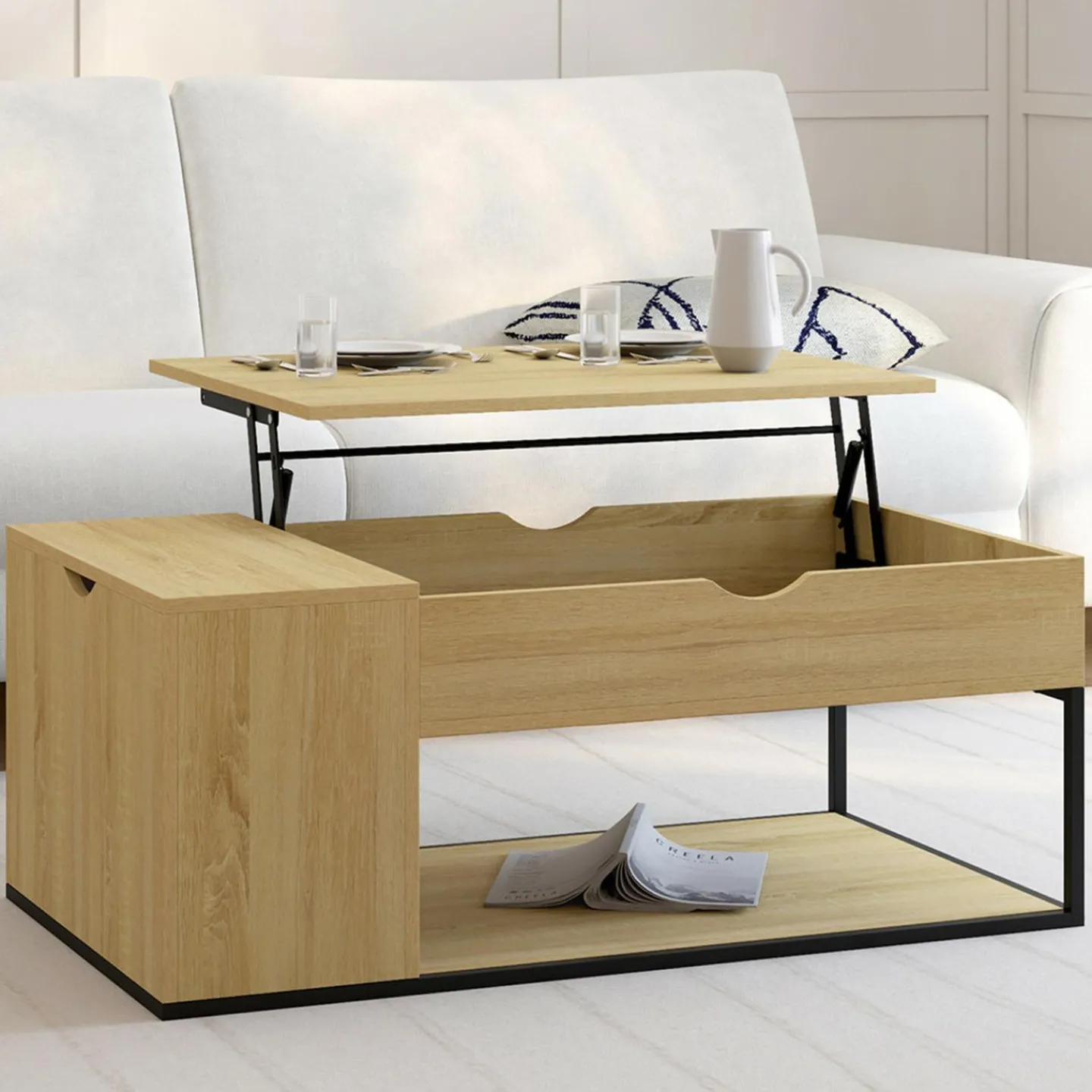 Table basse industrielle plateau relevable avec coffre*IDMarket Online