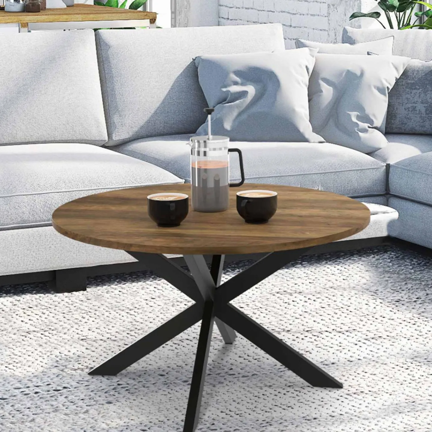 Table basse industrielle ronde 70 cm pied araignée noir bois foncé*IDMarket Hot