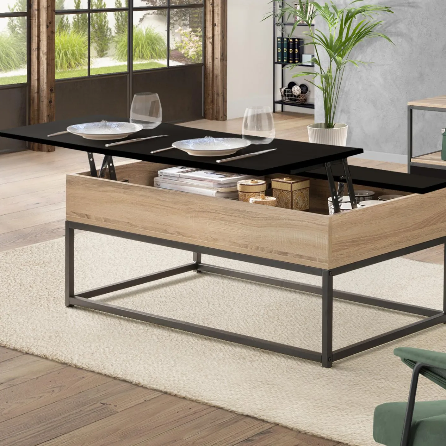 Table basse industrielle avec plateau relevable noir*IDMarket Clearance