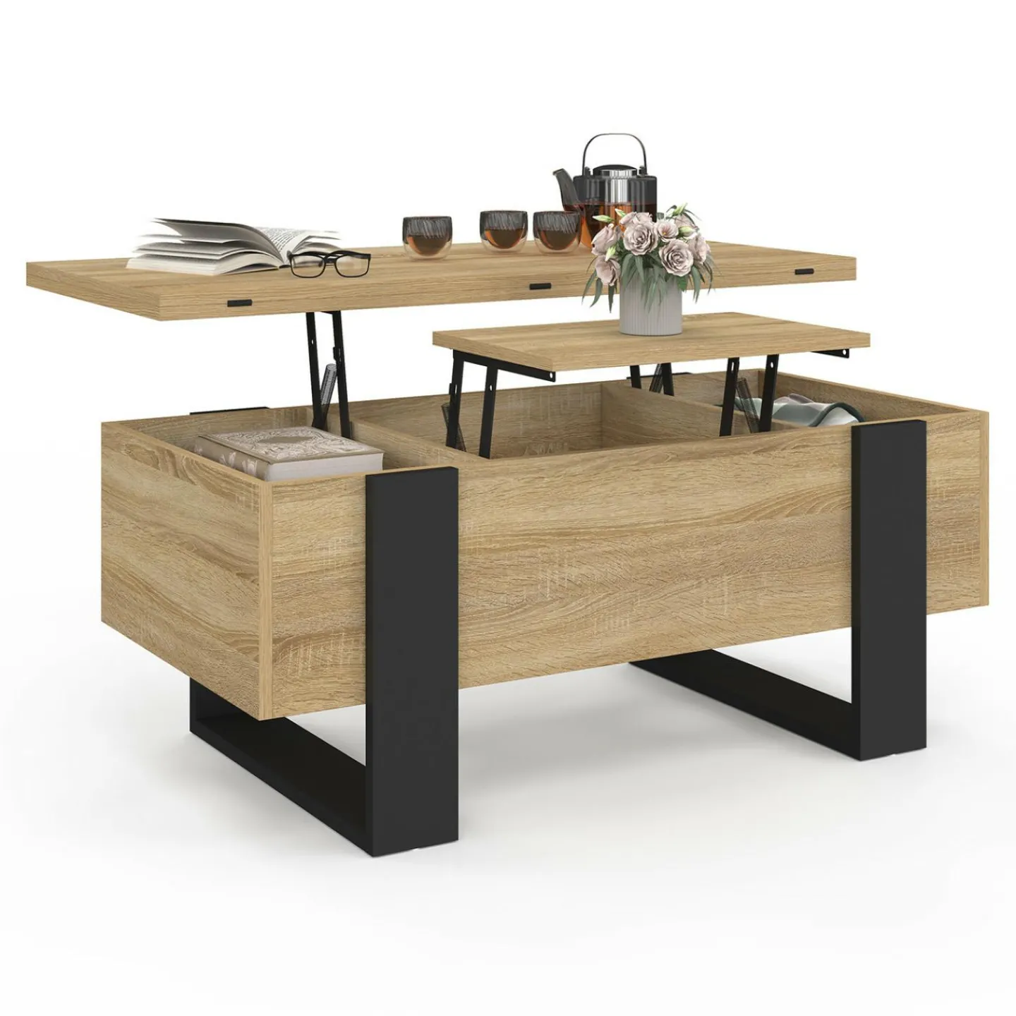 Table basse industrielle convertible en table à manger bois et noir*IDMarket New