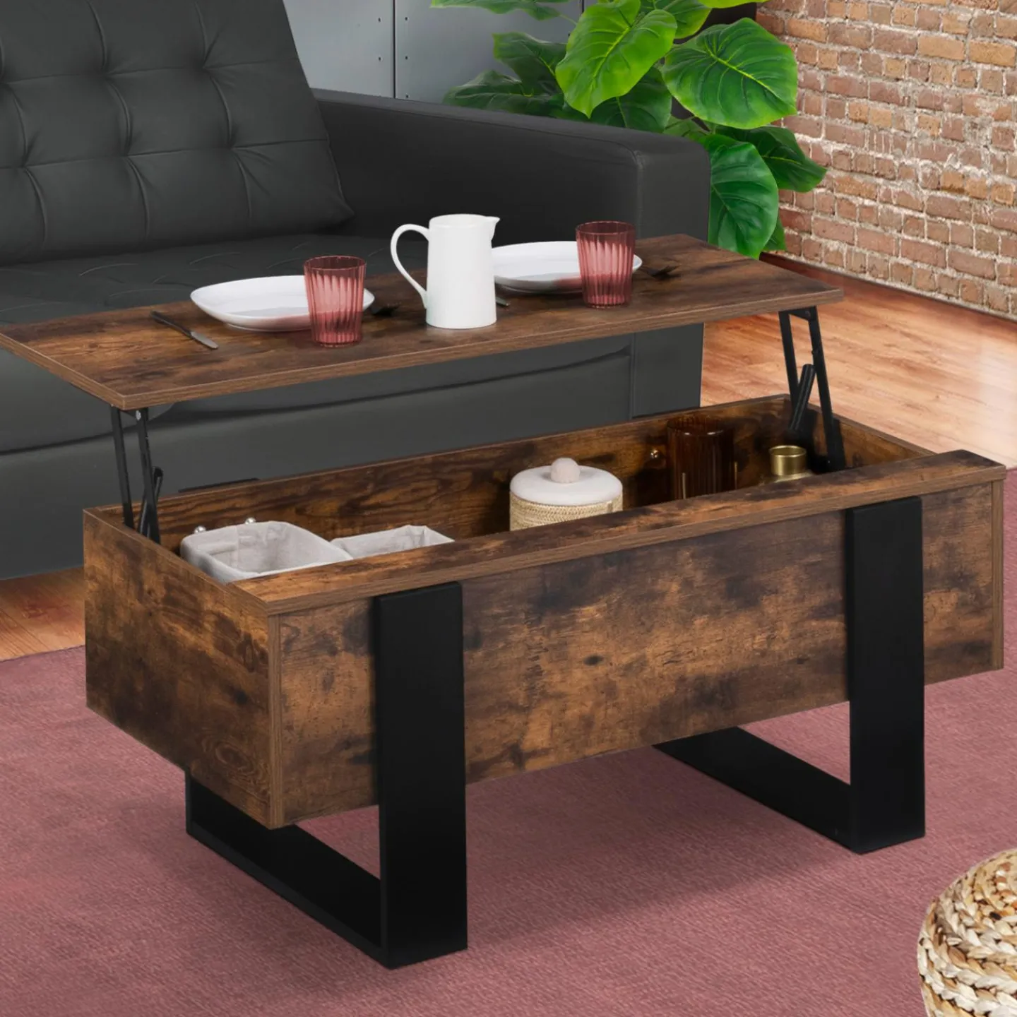 Table basse industrielle relevable bois effet vieilli et noir*IDMarket Clearance