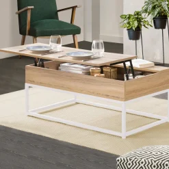 Table basse industrielle blanche et bois avec plateau relevable*IDMarket Hot