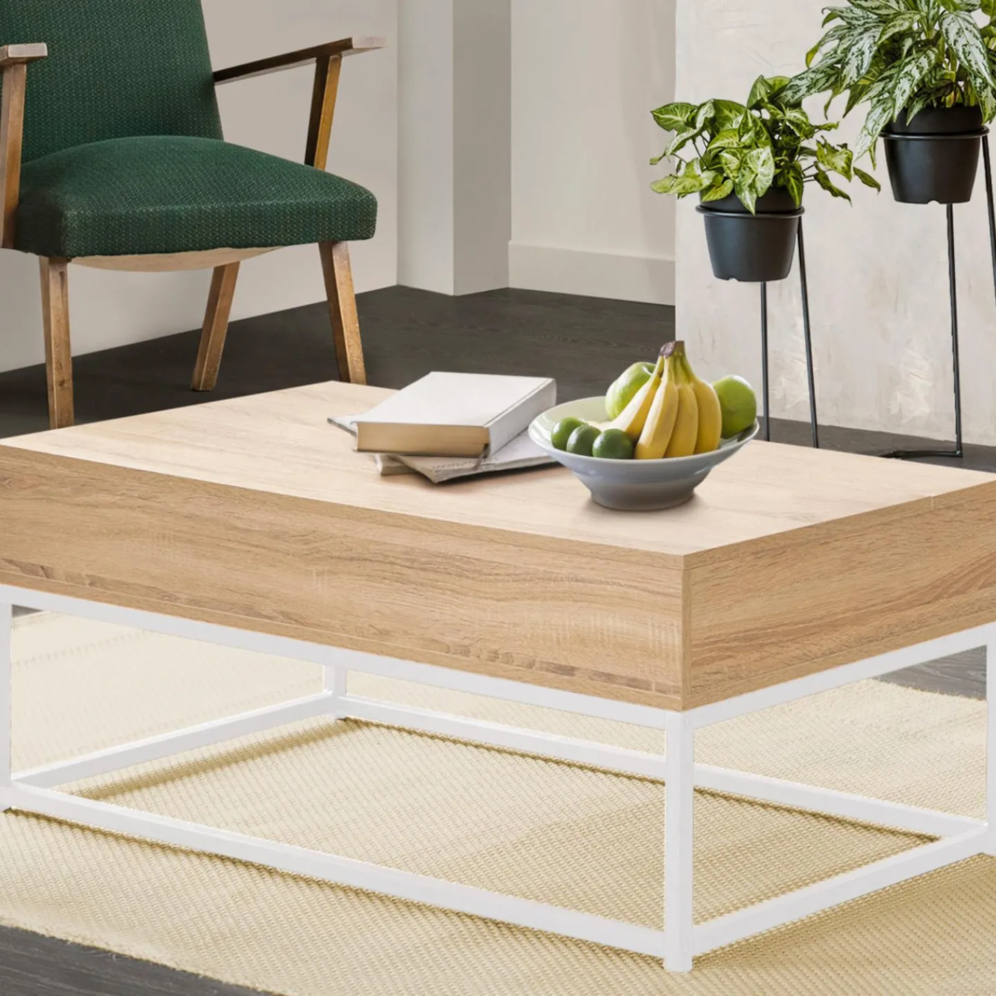 Table basse industrielle blanche et bois avec plateau relevable*IDMarket Hot