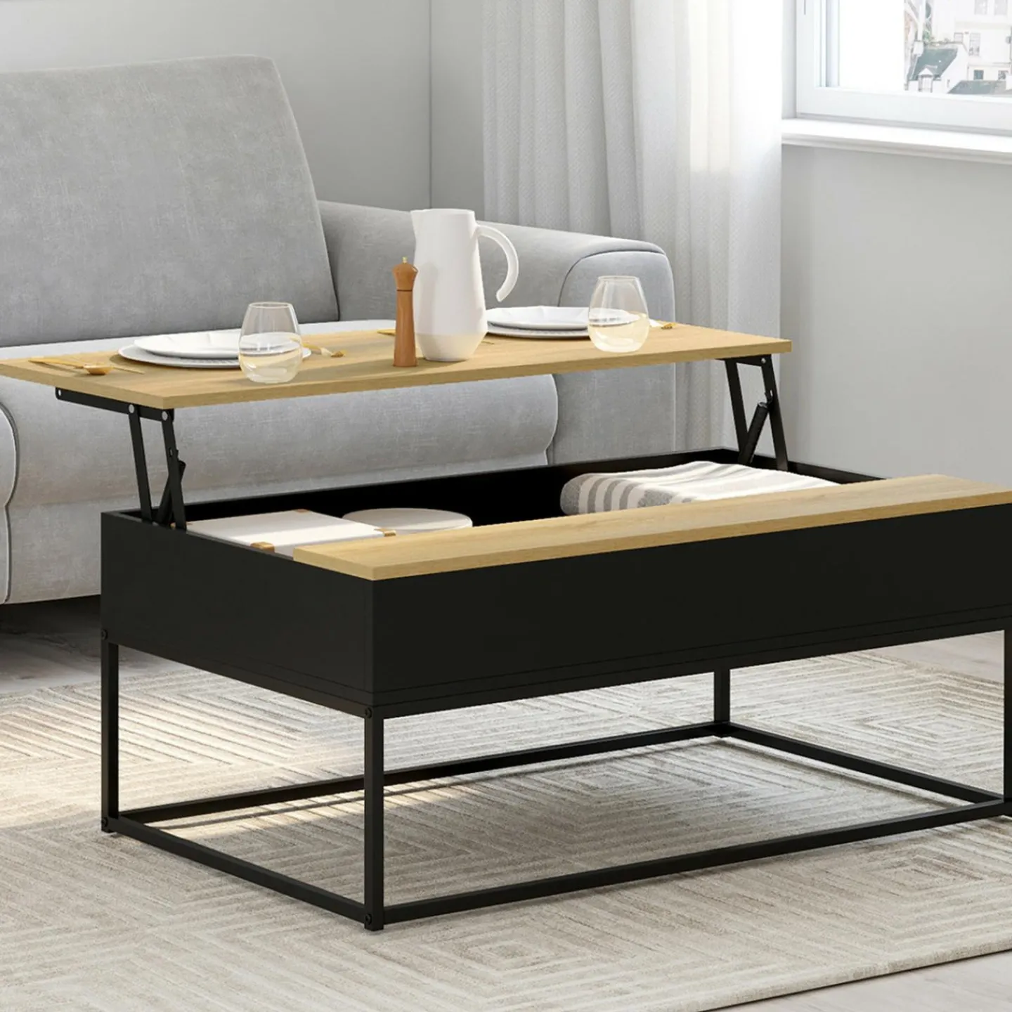 Table basse noire style industriel avec plateau relevable en bois façon hêtre*IDMarket Outlet