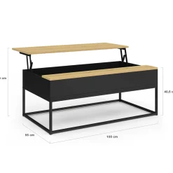 Table basse noire style industriel avec plateau relevable en bois façon hêtre*IDMarket Outlet
