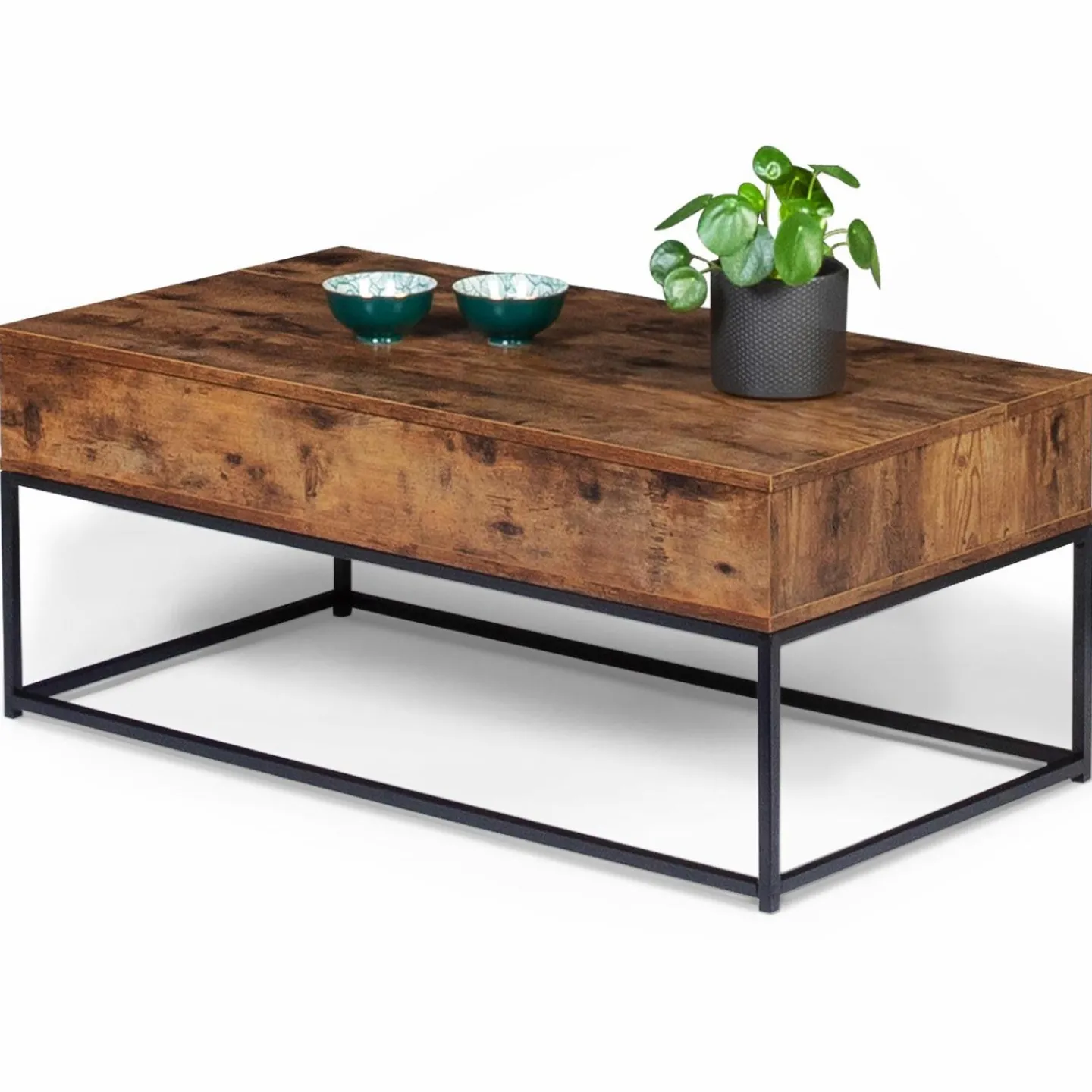 Table basse plateau relevable effet bois vieilli et pieds métal*IDMarket