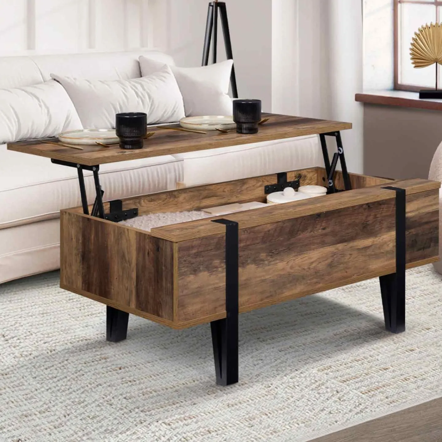 Table basse plateau relevable bois foncé pied épingle*IDMarket New