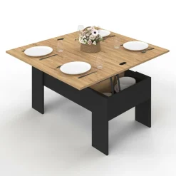 Table basse plateau relevable rectangulaire bois noir et imitation hêtre*IDMarket Best