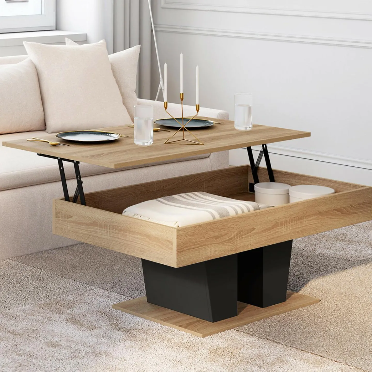 Table basse plateau relevable rectangulaire bois et noir*IDMarket Clearance