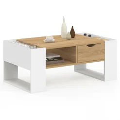 Table basse rectangulaire avec tiroir bois blanc et façon hêtre*IDMarket Hot