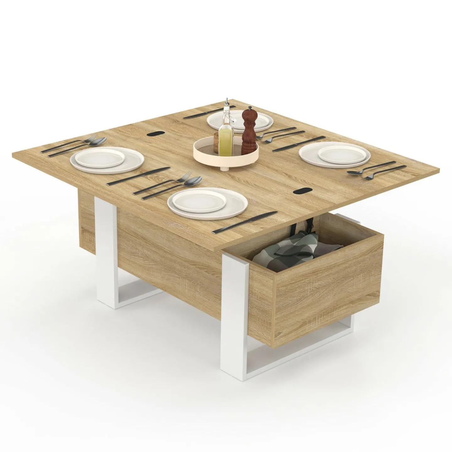 Table basse rectangulaire relevable convertible en table à manger bois et blanc*IDMarket Clearance