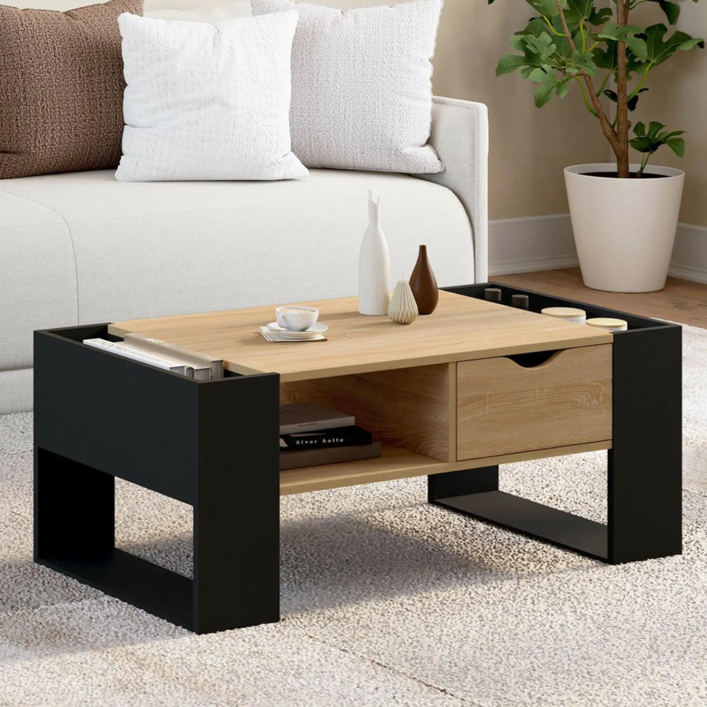 Table basse rectangulaire avec tiroir bois noir et façon hêtre*IDMarket Discount