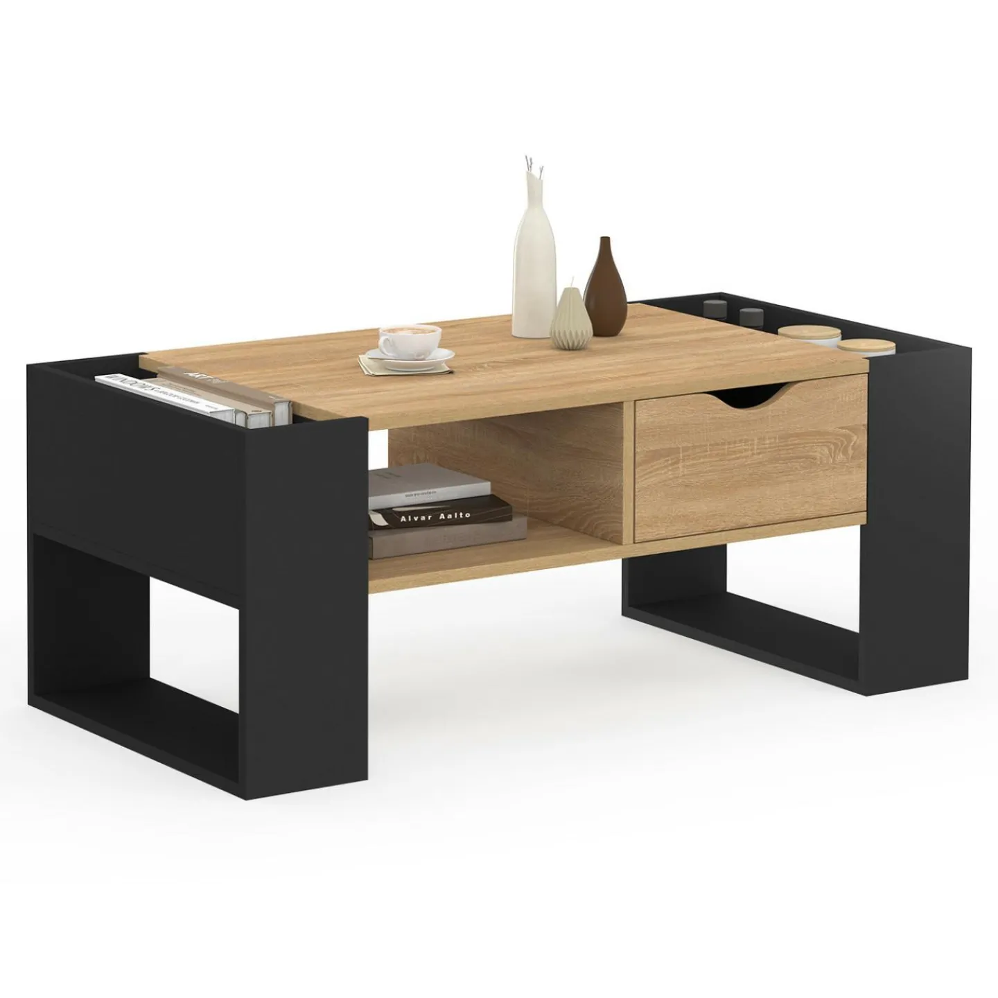 Table basse rectangulaire avec tiroir bois noir et façon hêtre*IDMarket Discount